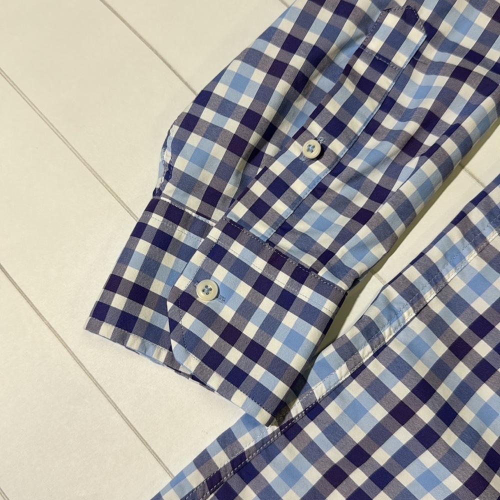 David Donahue mens XL blue check performance nylon oxford button up shirt EUC - Picture 4 of 5